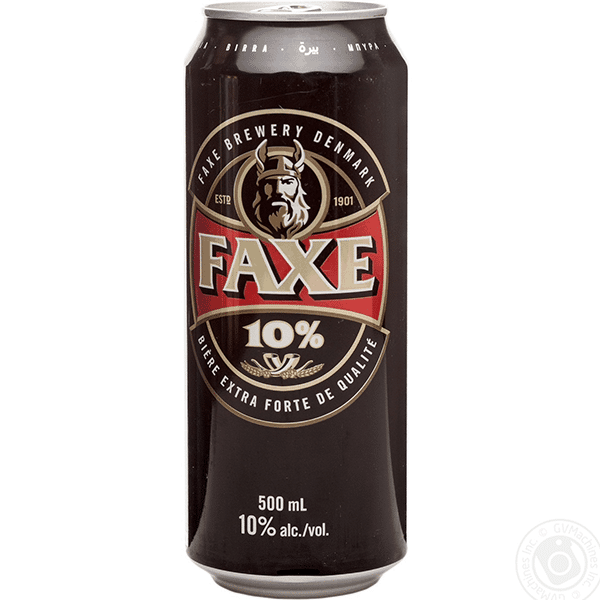 Faxe 10% 500ml Strong, toasted flavors with a trace of smoke and a hoppy finish , which has a light golden color and mild pear and corn grain scents.