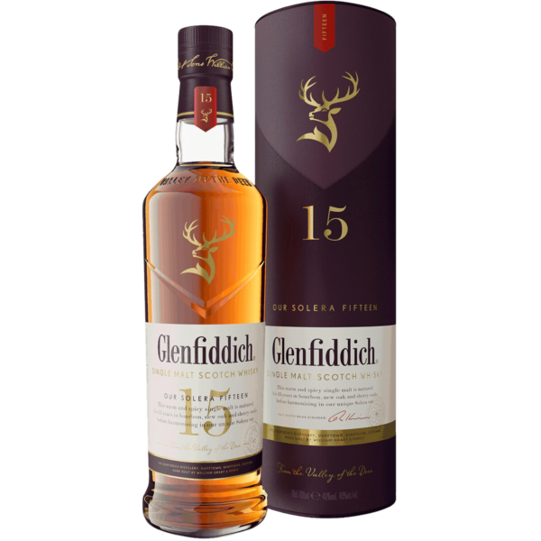 Glenfiddich 15years 750ml a rich, complex single malt Scotch whisky with fruity, spicy, and oak notes. Its alcohol ABV 40%.